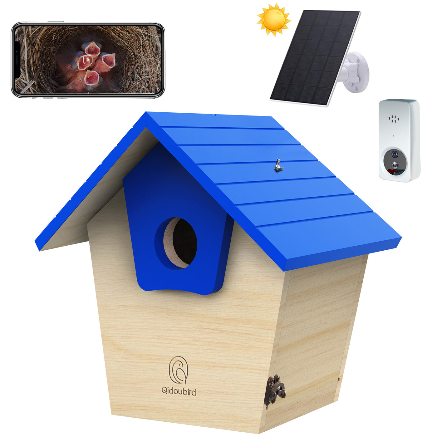 Smart Bird House with AI Identify Camera 2K HD Birdhouse Camera Solar Powered Wood Birdhouse 2.4G WiFi App to Observe Bird Activities in Real Time