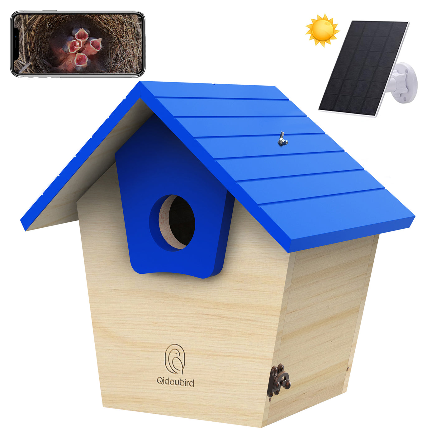 Smart Bird House with AI Identify Camera 2K HD Birdhouse Camera Solar Powered Wood Birdhouse 2.4G WiFi App to Observe Bird Activities in Real Time