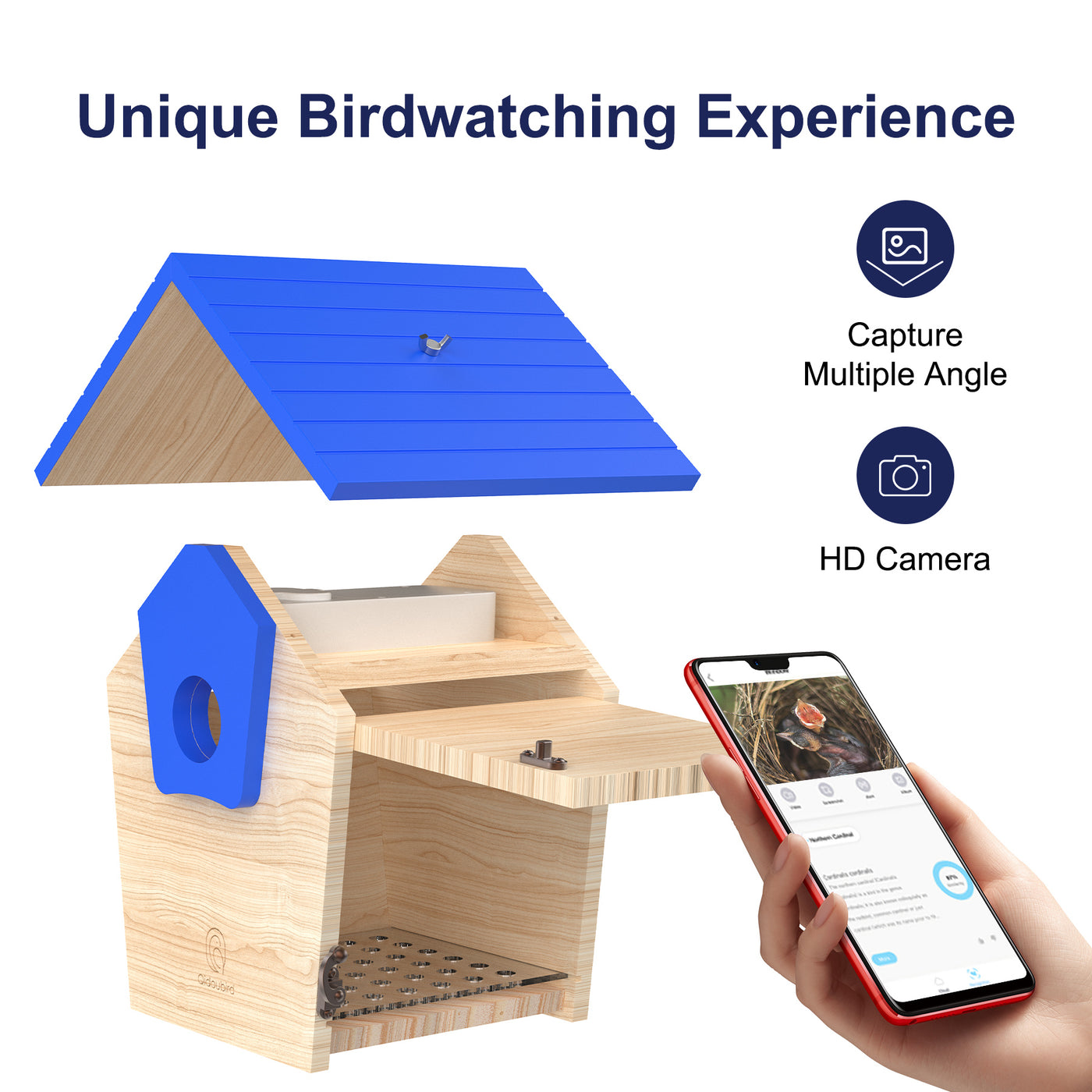 Smart Bird House with AI Identify Camera 2K HD Birdhouse Camera Solar Powered Wood Birdhouse 2.4G WiFi App to Observe Bird Activities in Real Time