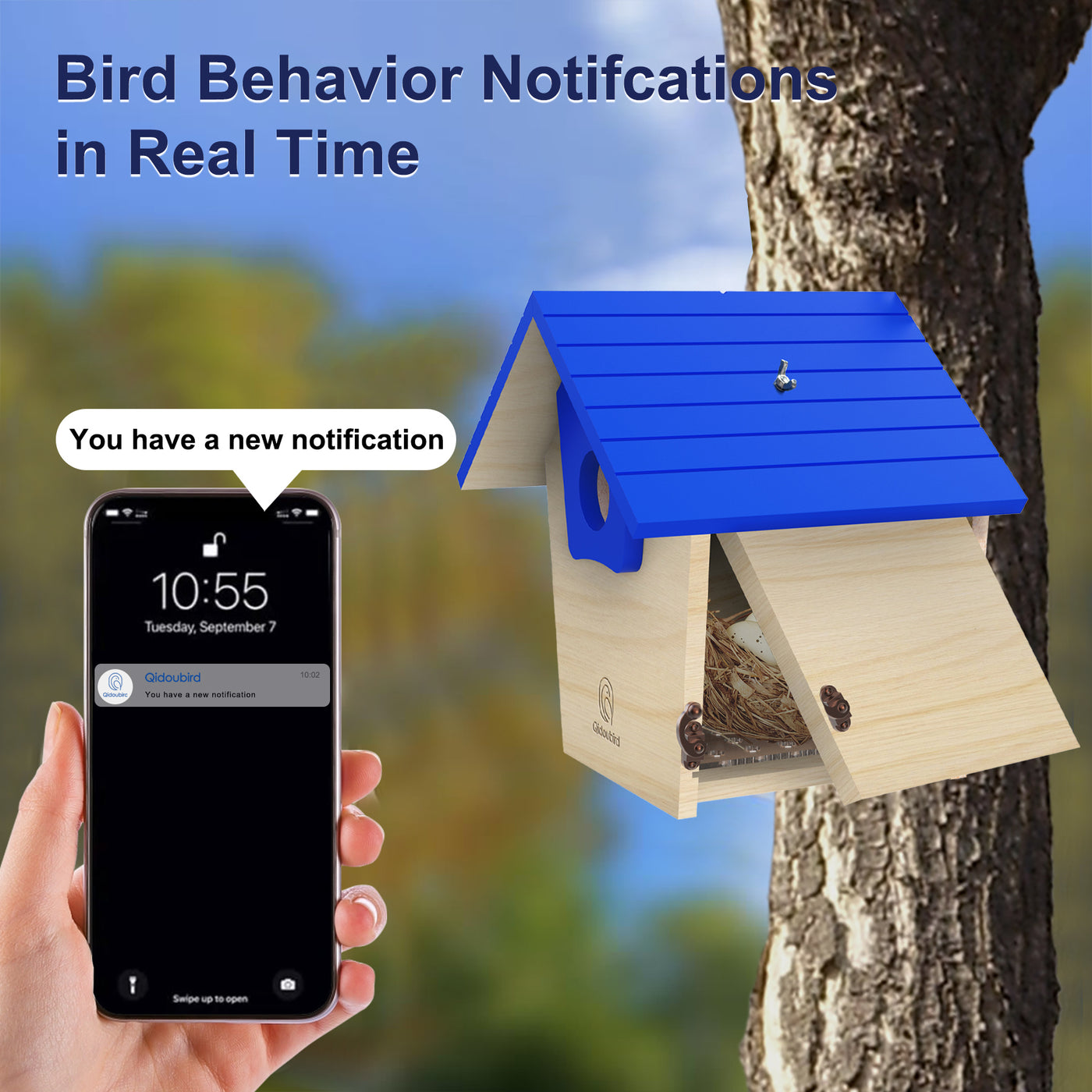 Smart Bird House with AI Identify Camera 2K HD Birdhouse Camera Solar Powered Wood Birdhouse 2.4G WiFi App to Observe Bird Activities in Real Time