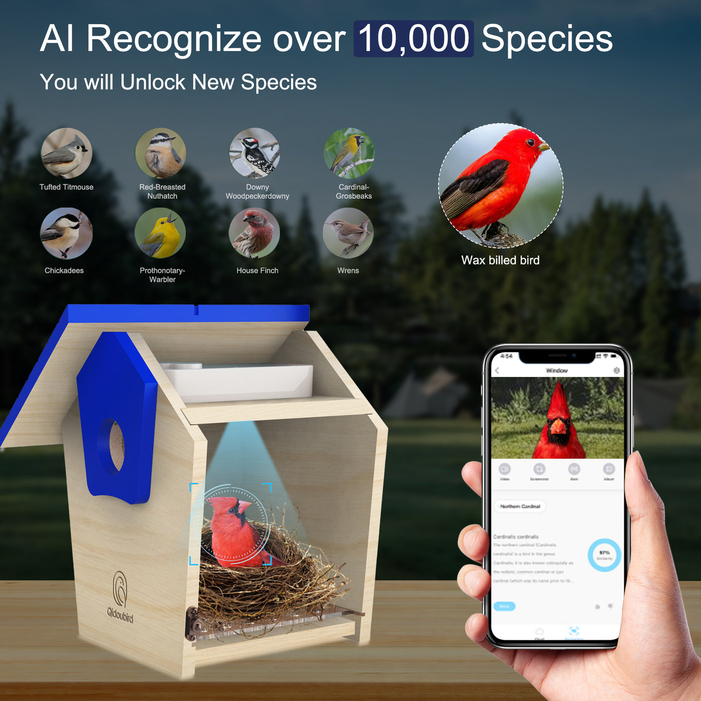 Smart Bird House with AI Identify Camera 2K HD Birdhouse Camera Solar Powered Wood Birdhouse 2.4G WiFi App to Observe Bird Activities in Real Time