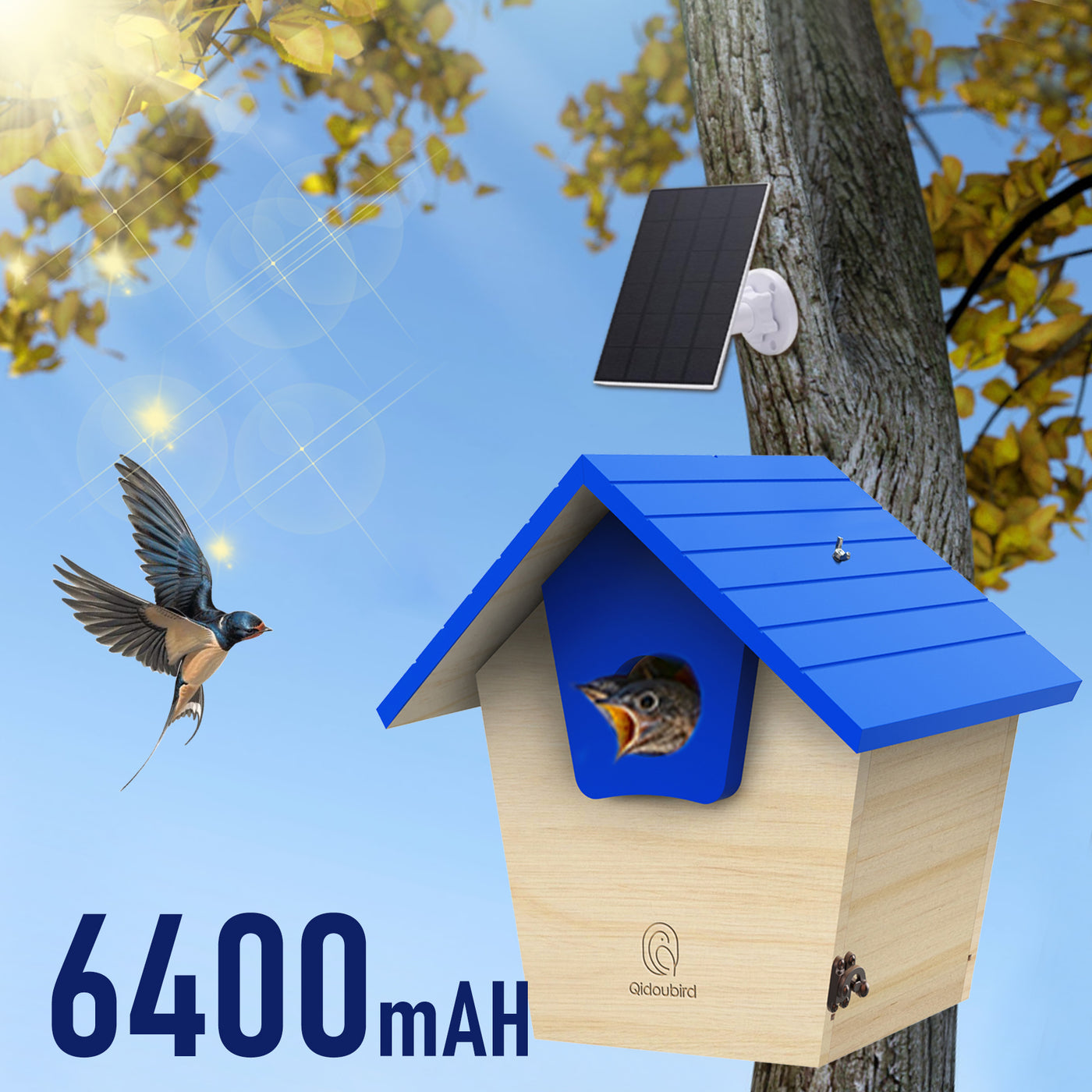 Smart Bird House with AI Identify Camera 2K HD Birdhouse Camera Solar Powered Wood Birdhouse 2.4G WiFi App to Observe Bird Activities in Real Time